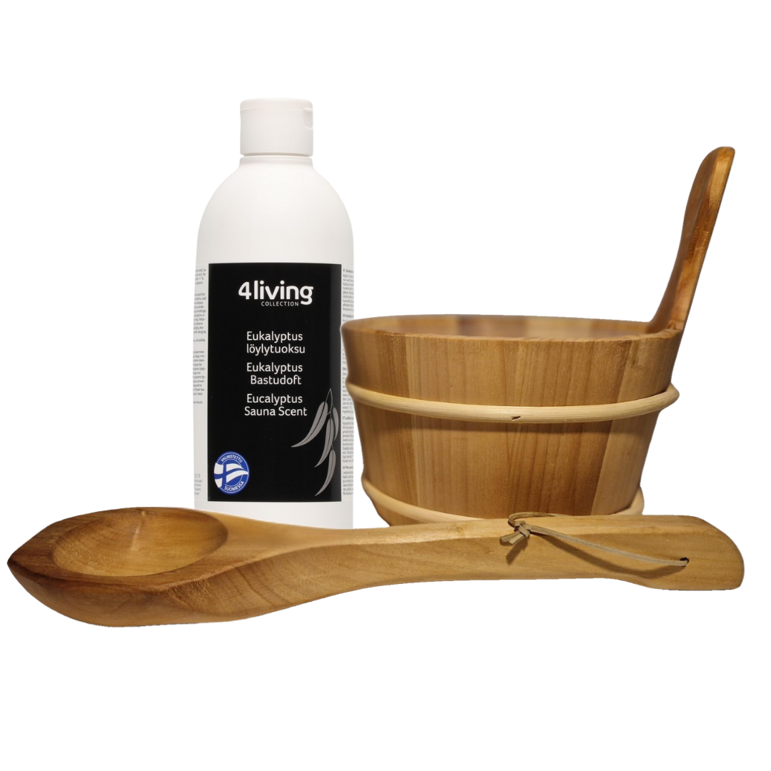 4living Sauna emmer, lepel en 500 ml Eucalyptus opgietmiddel - Elzen