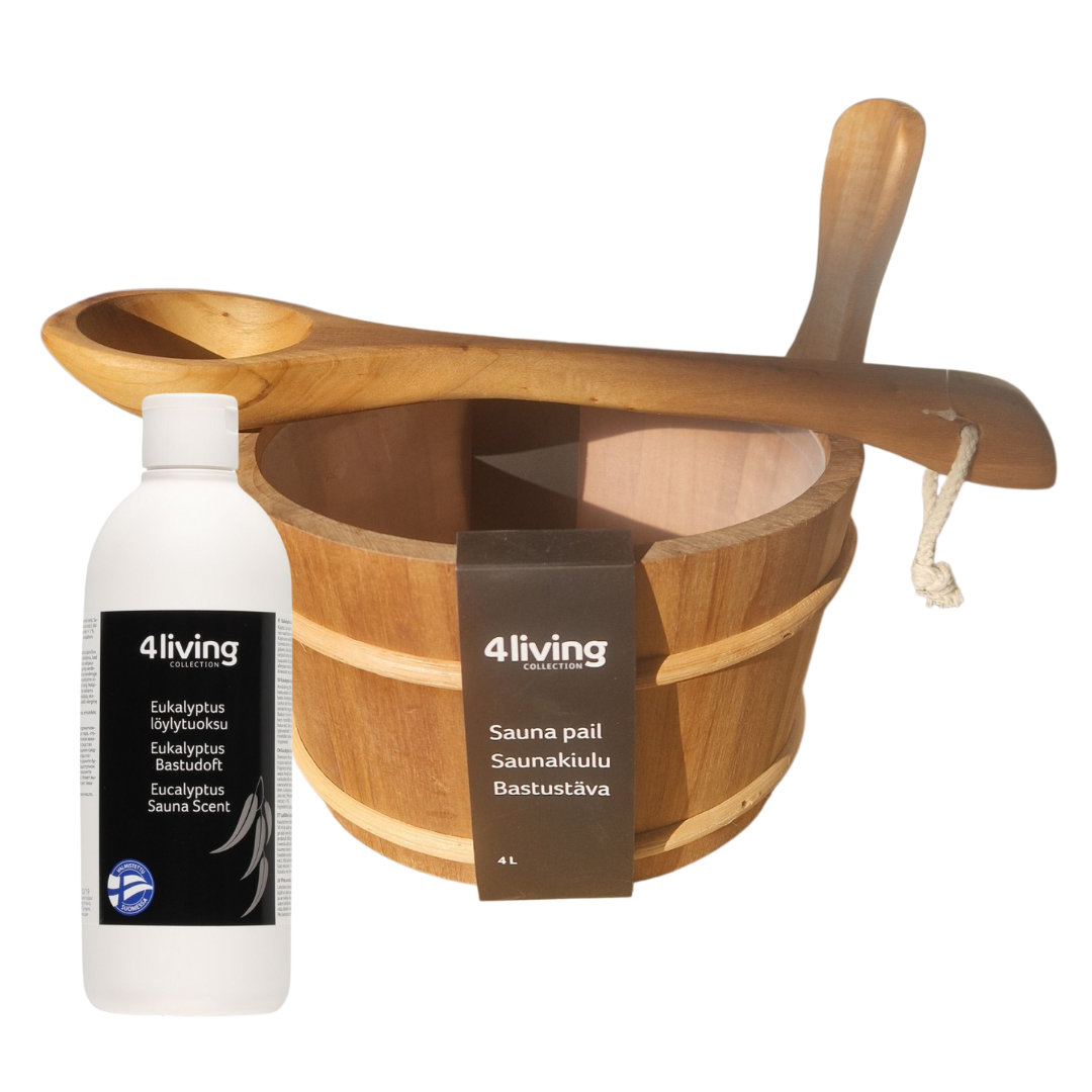 4living Sauna emmer, lepel en 500 ml Eucalyptus opgietmiddel - Elzen