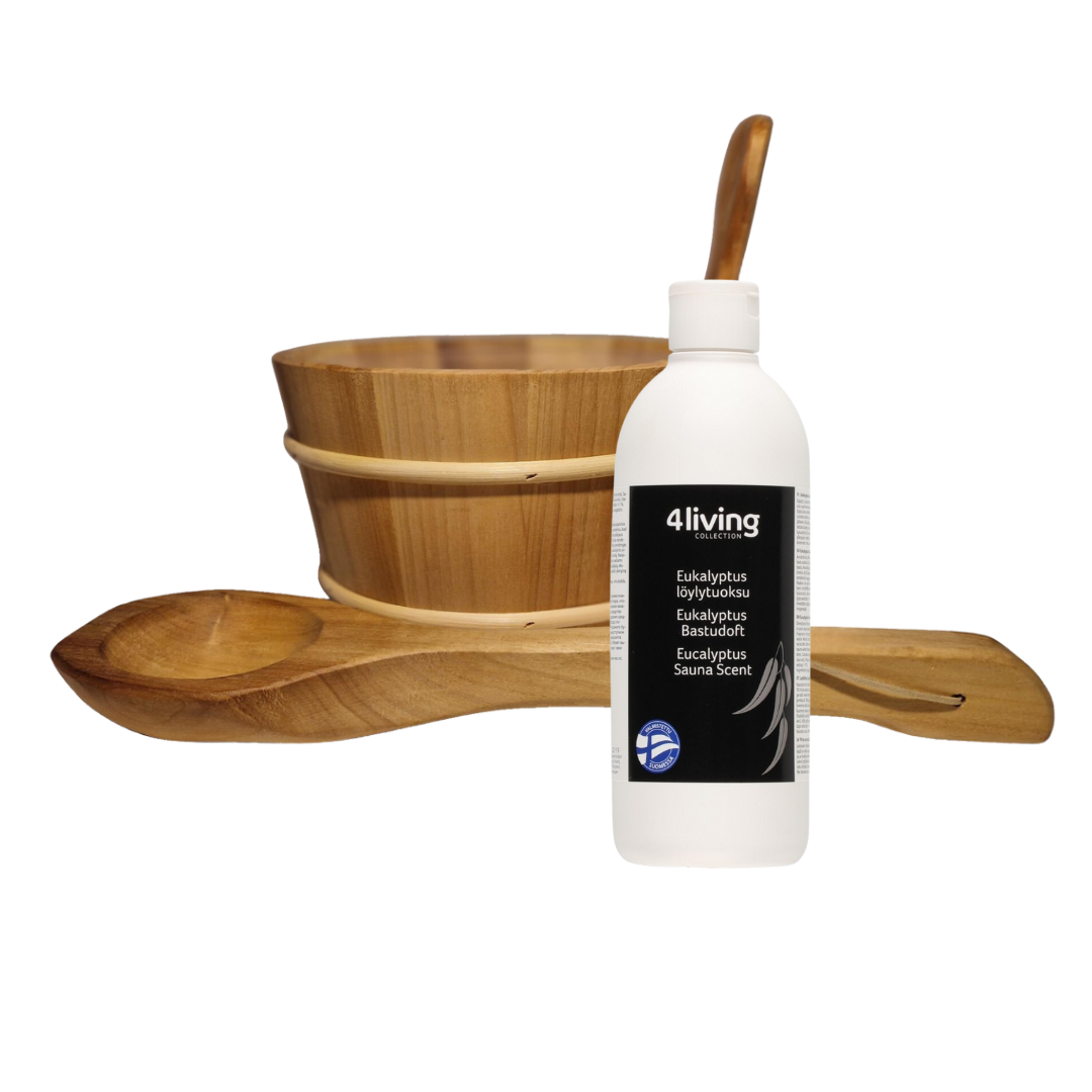 4living Sauna emmer, lepel en 500 ml Eucalyptus opgietmiddel - Elzen