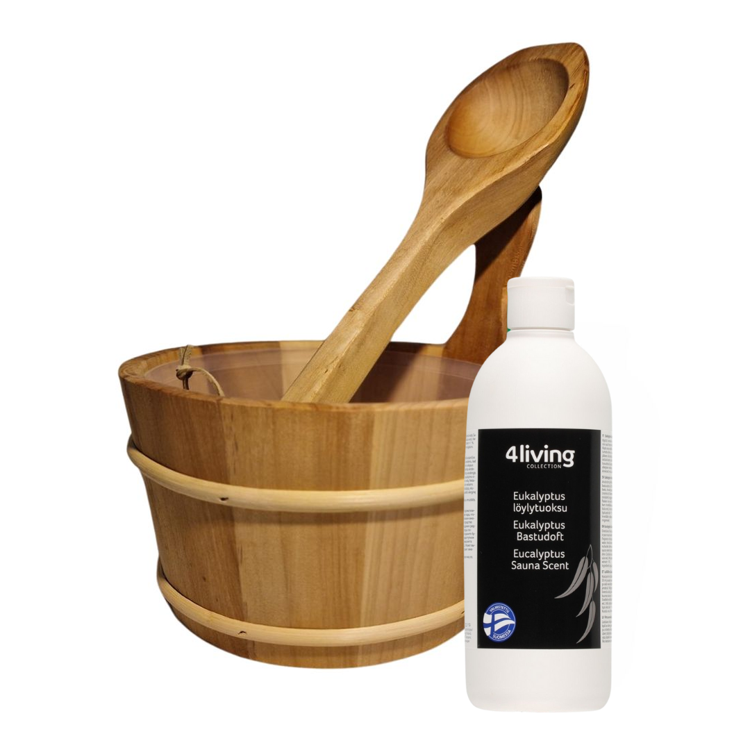 4living Sauna emmer, lepel en 500 ml Eucalyptus opgietmiddel - Elzen