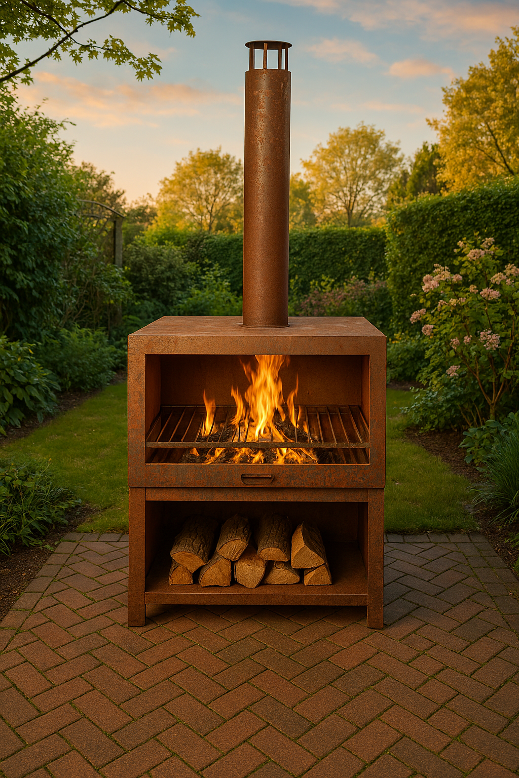Terraskachel met houtopslag L - Vuurhaard roest