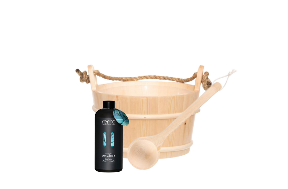 Rento Houten Sauna emmer met handvat touw, lepel en 400 ml Eucalyptus opgietmiddel - Licht