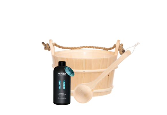 Rento Houten Sauna emmer met handvat touw, lepel en 400 ml Eucalyptus opgietmiddel - Licht