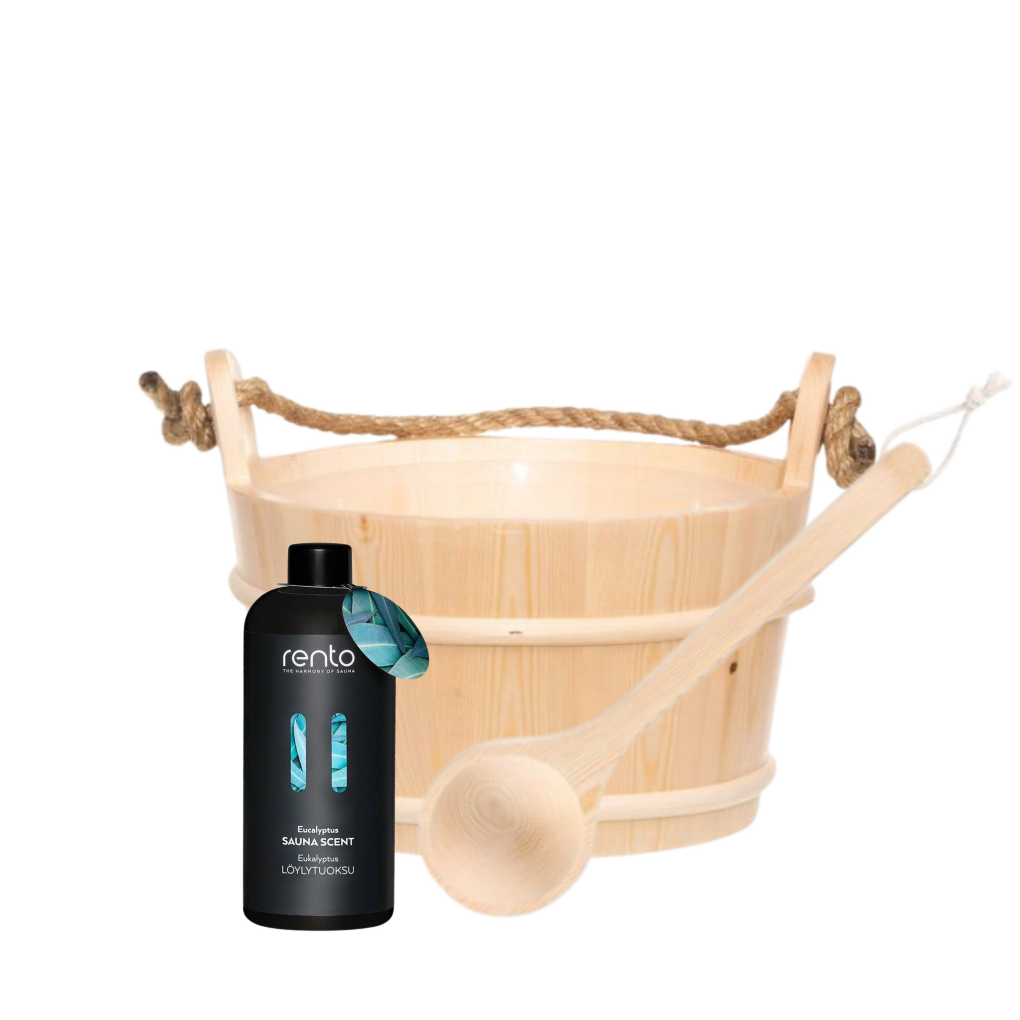 Rento Houten Sauna emmer met handvat touw, lepel en 400 ml Eucalyptus opgietmiddel - Licht