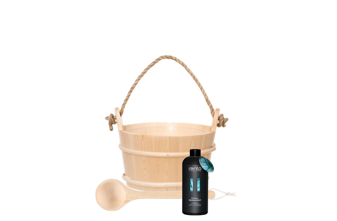 Rento Houten Sauna emmer met handvat touw, lepel en 400 ml Eucalyptus opgietmiddel - Licht