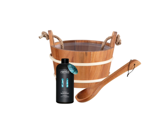 Rento Houten Sauna emmer met handvat touw, lepel en 400 ml Eucalyptus opgietmiddel - Donker