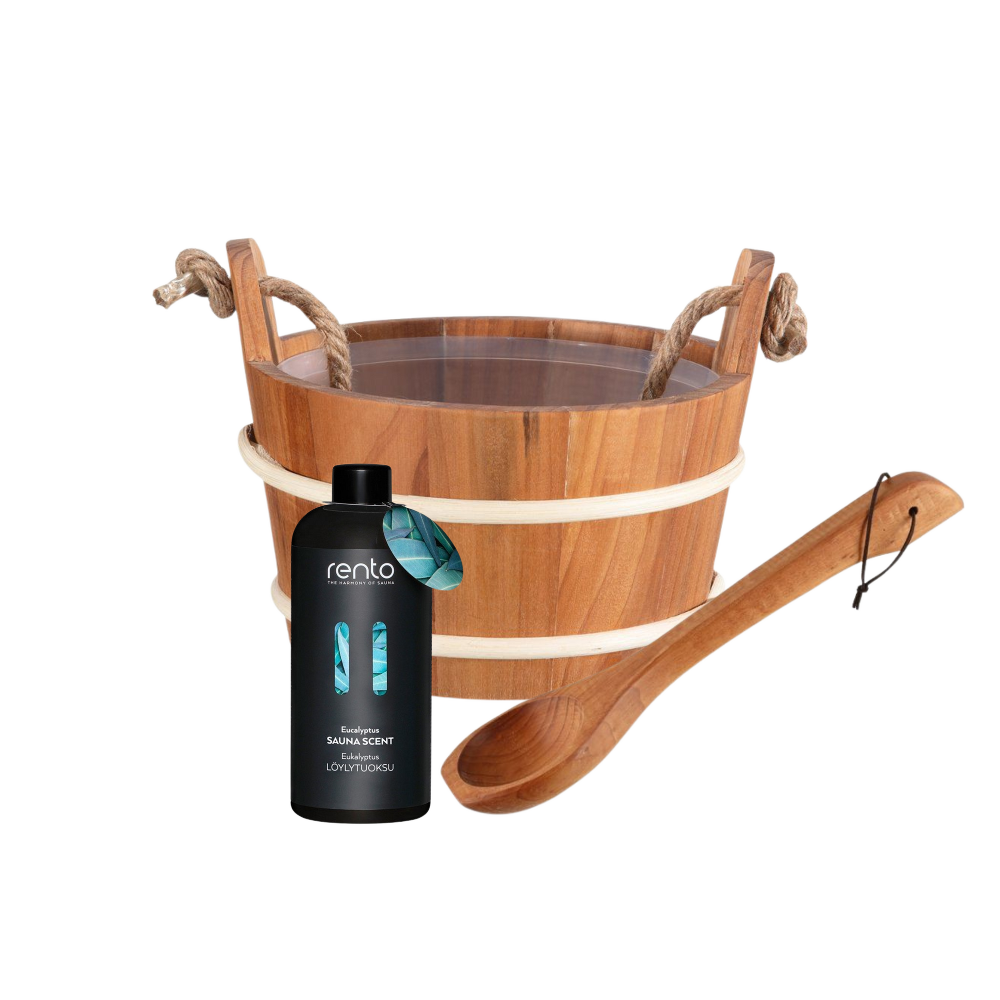 Rento Houten Sauna emmer met handvat touw, lepel en 400 ml Eucalyptus opgietmiddel - Donker