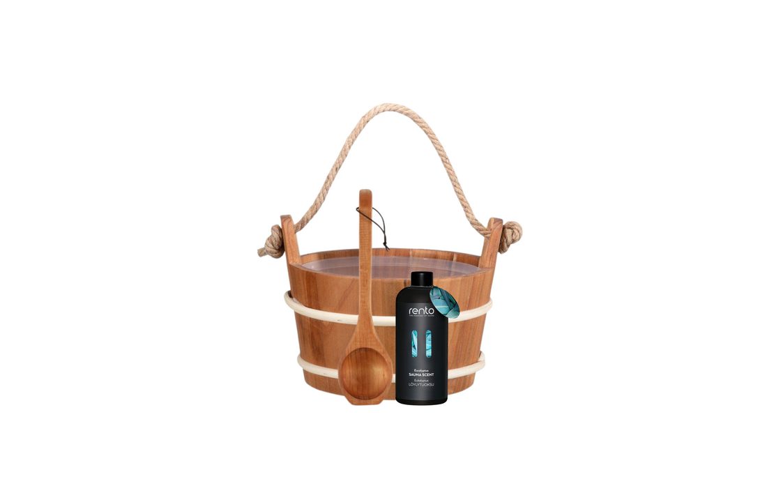Rento Houten Sauna emmer met handvat touw, lepel en 400 ml Eucalyptus opgietmiddel - Donker
