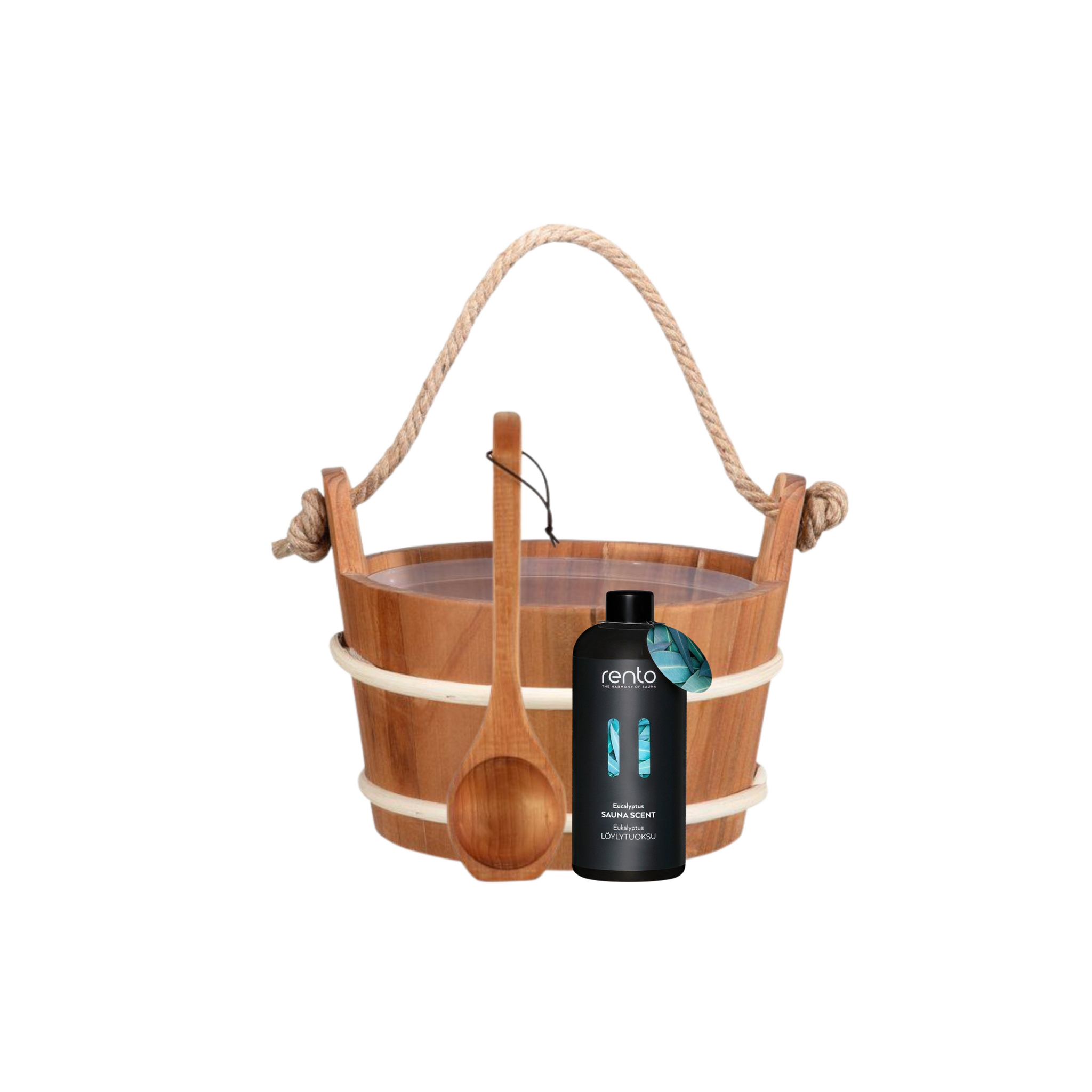 Rento Houten Sauna emmer met handvat touw, lepel en 400 ml Eucalyptus opgietmiddel - Donker