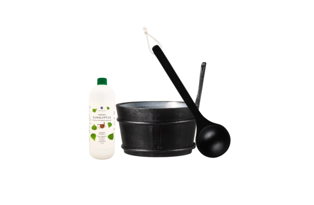 Emendo Sauna emmer, lepel en 1000 ml Euca opgietmiddel  - Zwart
