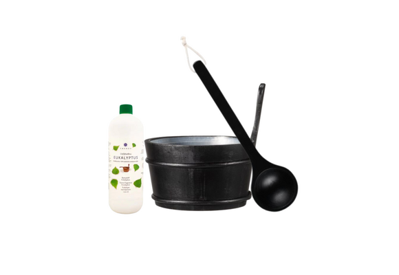 Emendo Sauna emmer, lepel en 1000 ml Euca opgietmiddel  - Zwart