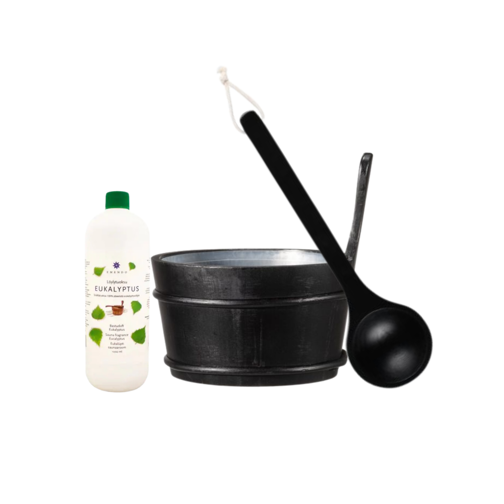 Emendo Sauna emmer, lepel en 1000 ml Euca opgietmiddel  - Zwart