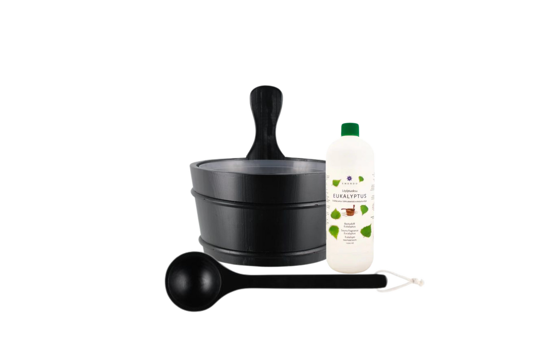Emendo Sauna emmer, lepel en 1000 ml Euca opgietmiddel  - Zwart