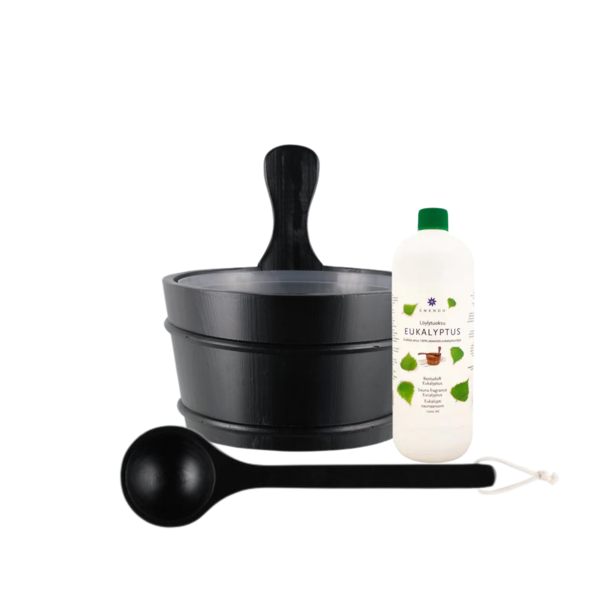 Emendo Sauna emmer, lepel en 1000 ml Euca opgietmiddel  - Zwart