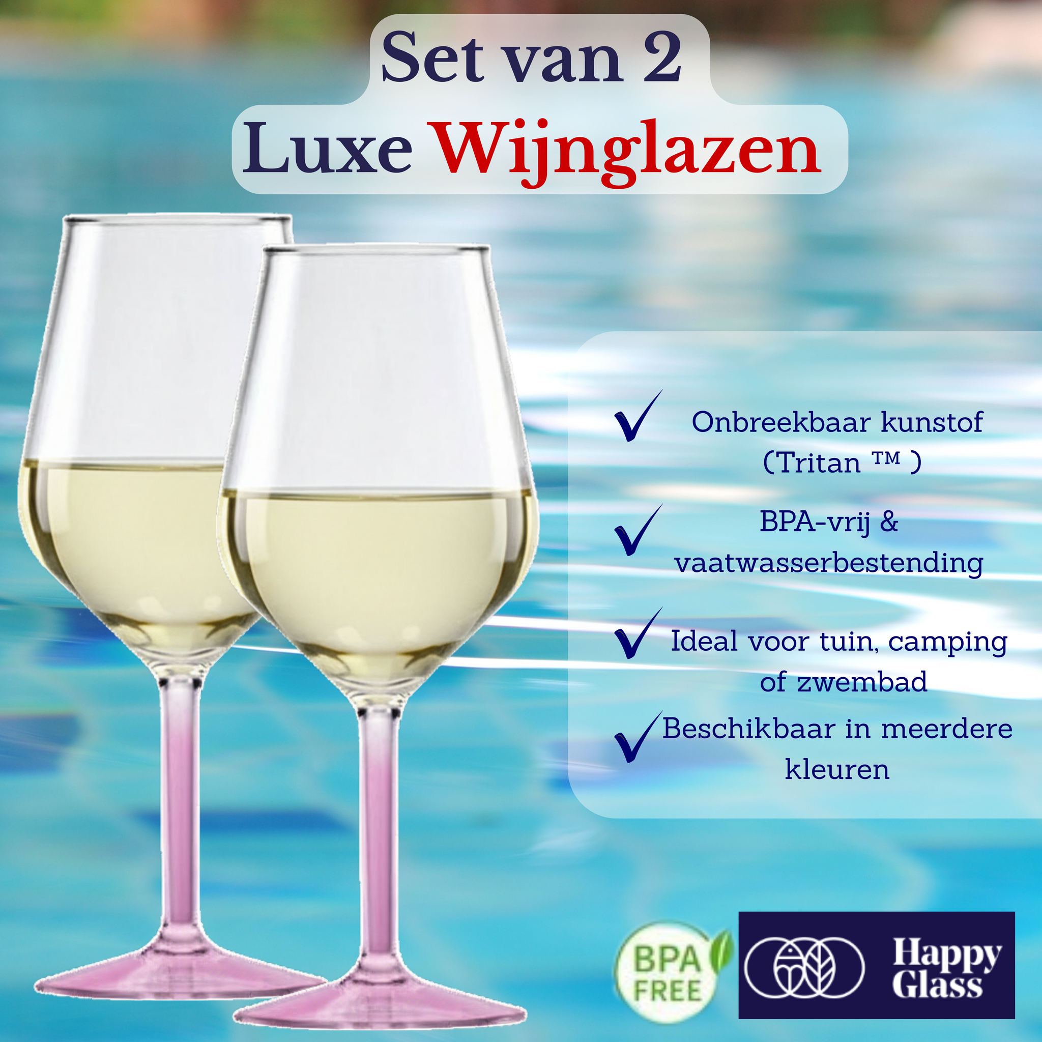 Happy Glass Lady Abigail Wijnglas met Gekleurde Steel 2 Pack - Kunststof Glazen 470ml
