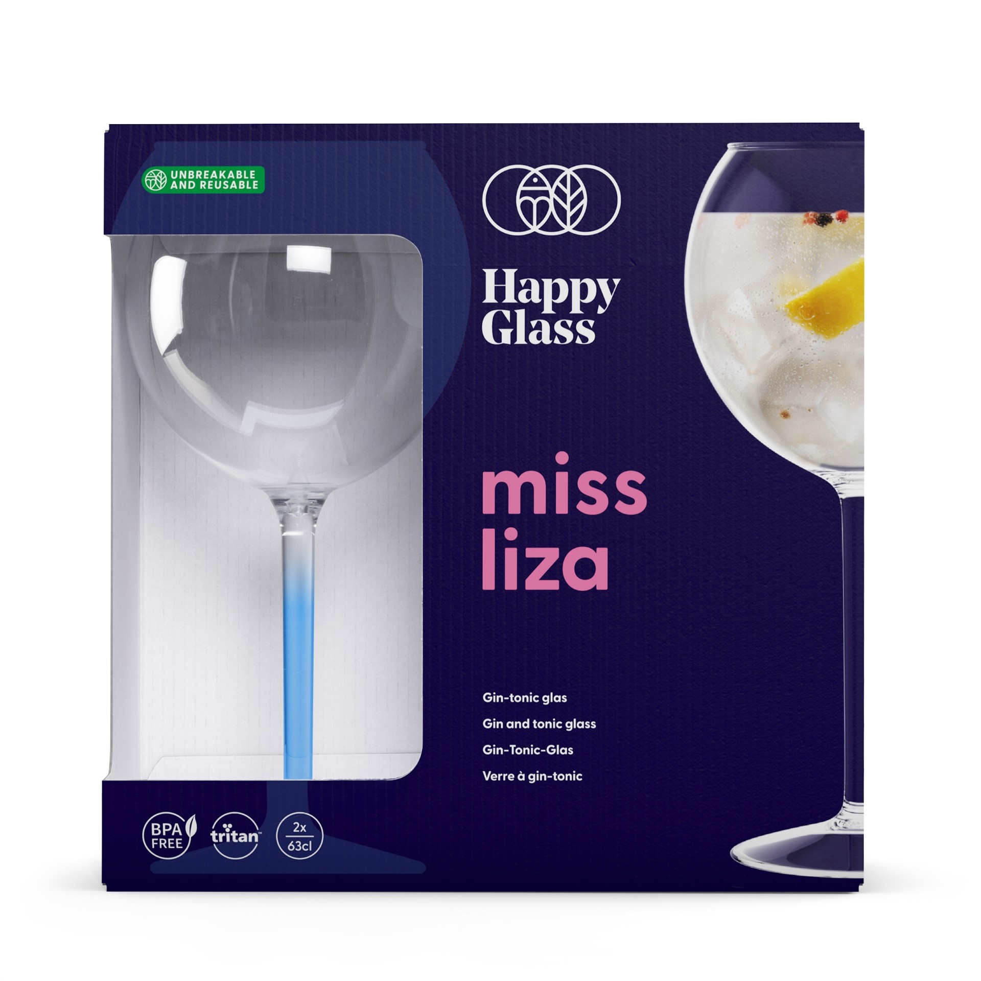 HappyGlass Miss Liza Gin-Tonicglas met Gekleurde Steel 2 Pack - Kunststof Glazen 630 ml