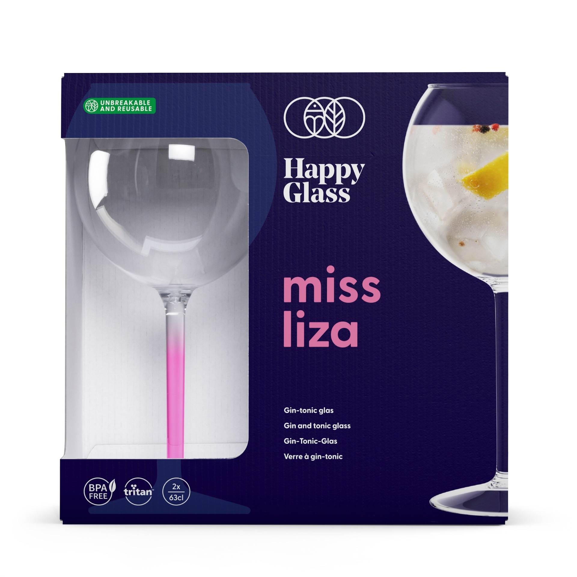 HappyGlass Miss Liza Gin-Tonicglas met Gekleurde Steel 2 Pack - Kunststof Glazen 630 ml