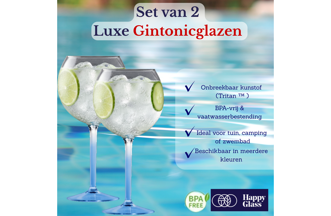 HappyGlass Miss Liza Gin-Tonicglas met Gekleurde Steel 2 Pack - Kunststof Glazen 630 ml