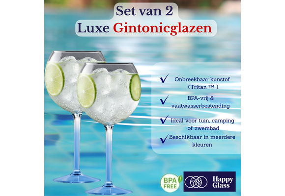 HappyGlass Miss Liza Gin-Tonicglas met Gekleurde Steel 2 Pack - Kunststof Glazen 630 ml