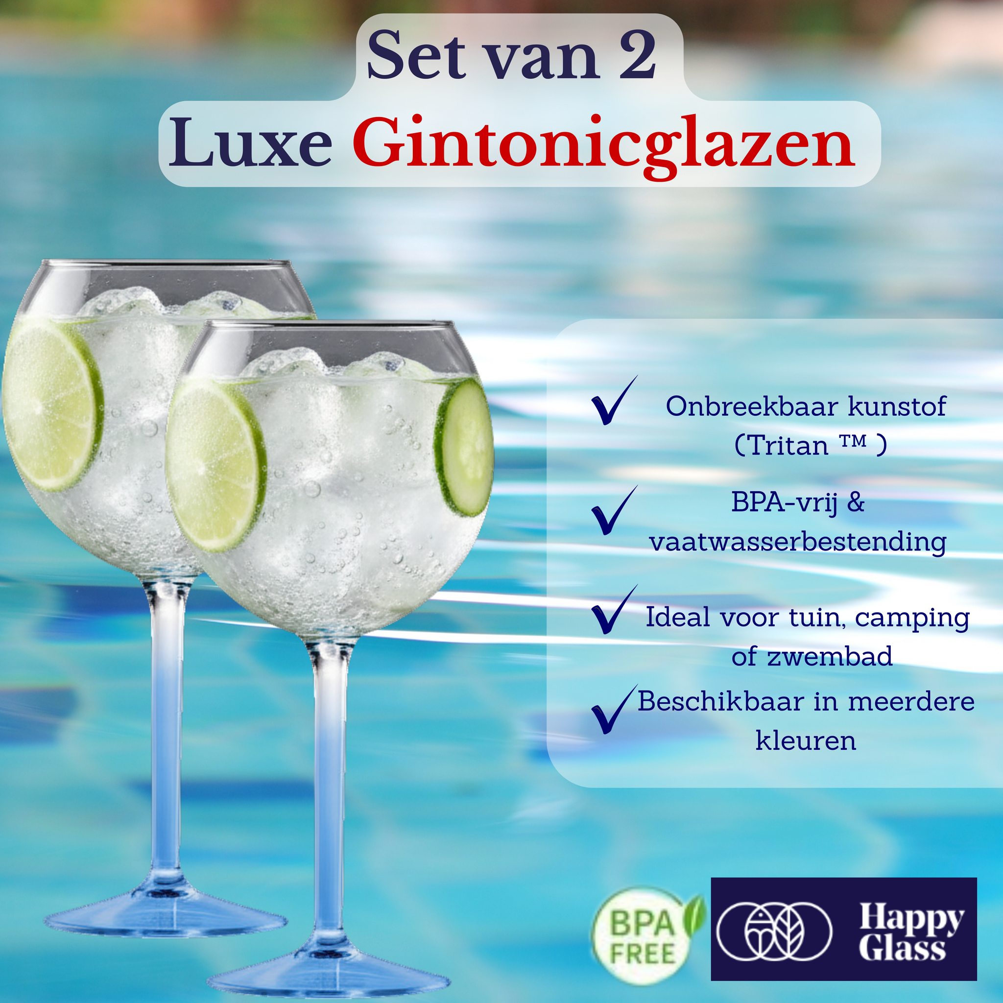 HappyGlass Miss Liza Gin-Tonicglas met Gekleurde Steel 2 Pack - Kunststof Glazen 630 ml