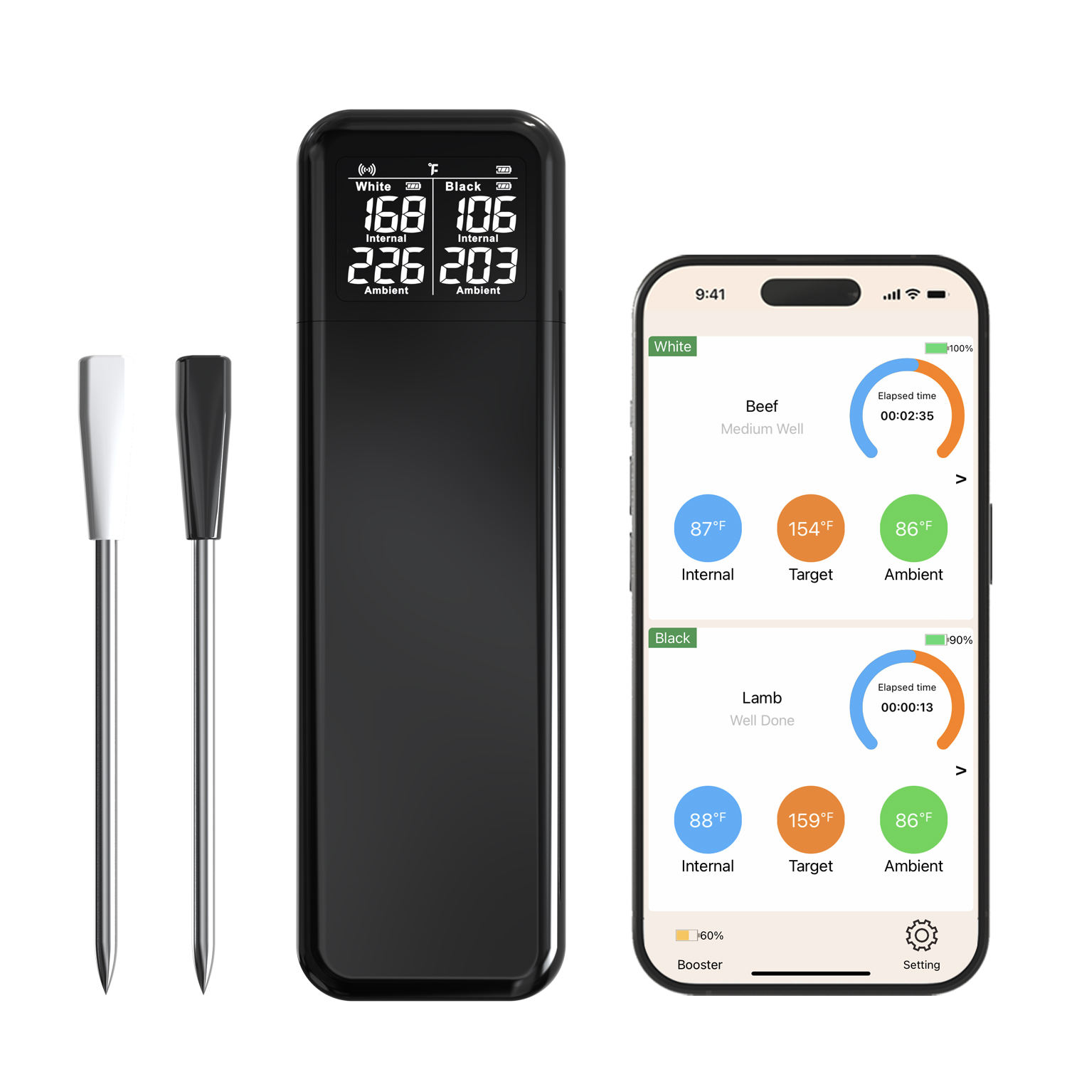 Draadloze vleesthermometer met dubbele sondes – slimme wireless BBQ thermometer