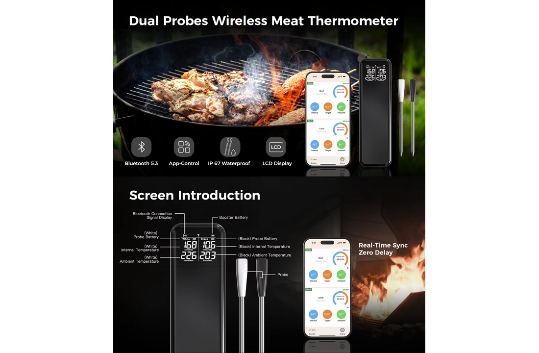 Draadloze vleesthermometer met dubbele sondes – slimme wireless BBQ thermometer
