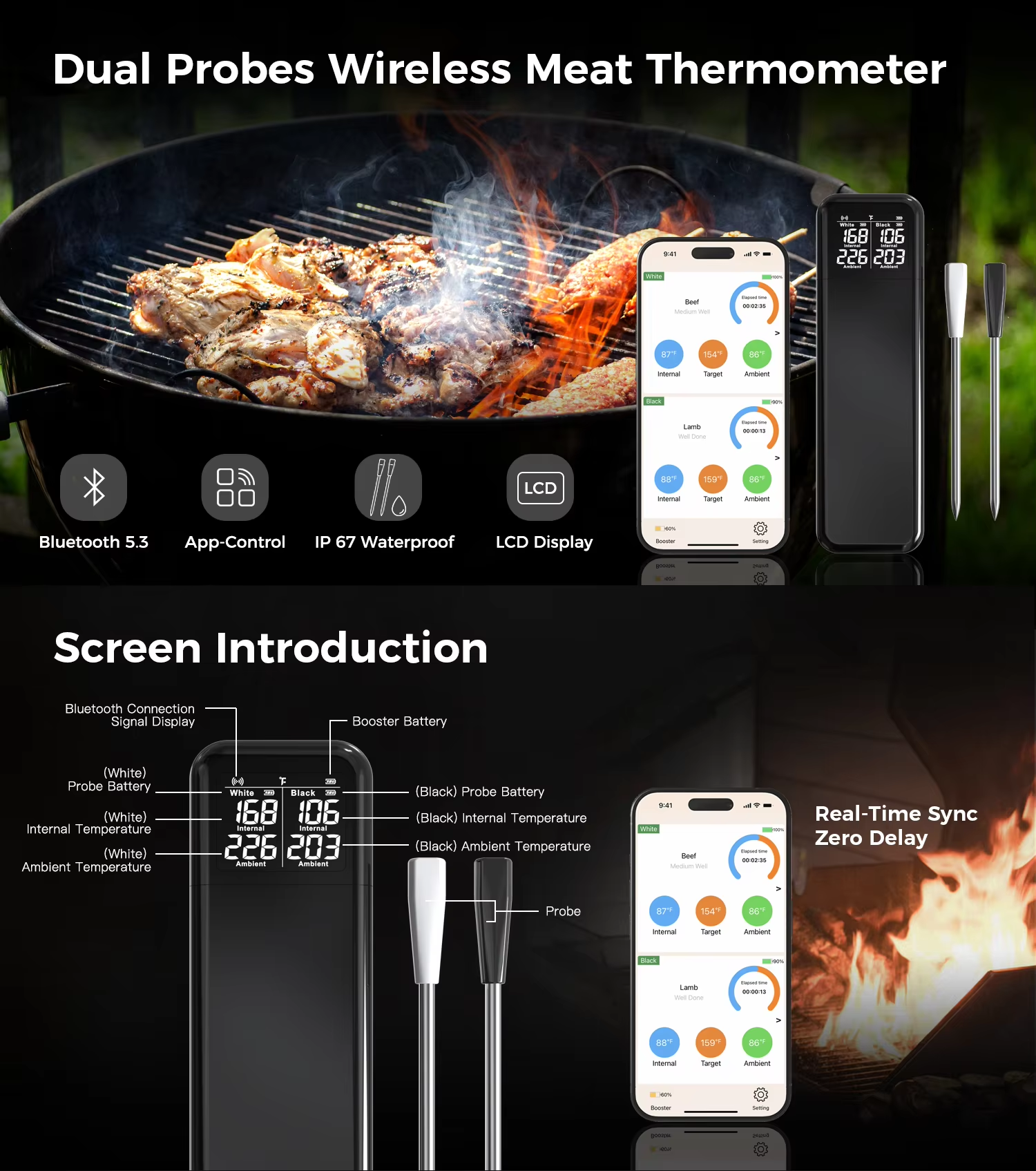 Draadloze vleesthermometer met dubbele sondes – slimme wireless BBQ thermometer