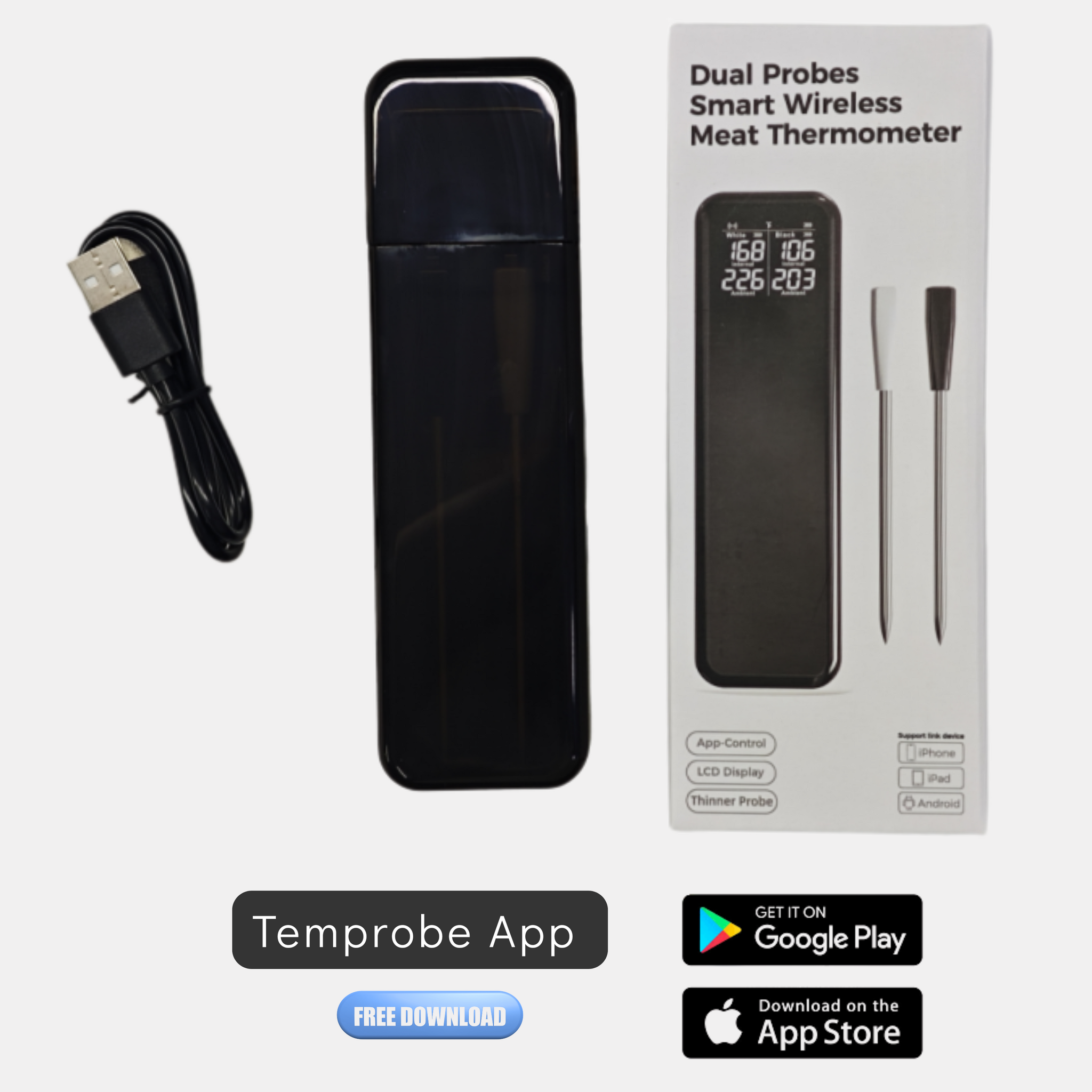 Draadloze vleesthermometer met dubbele sondes – slimme wireless BBQ thermometer