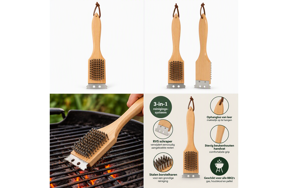 BBQ Borstel 3-in-1 - Voor Grondige Reiniging van BBQ Roosters