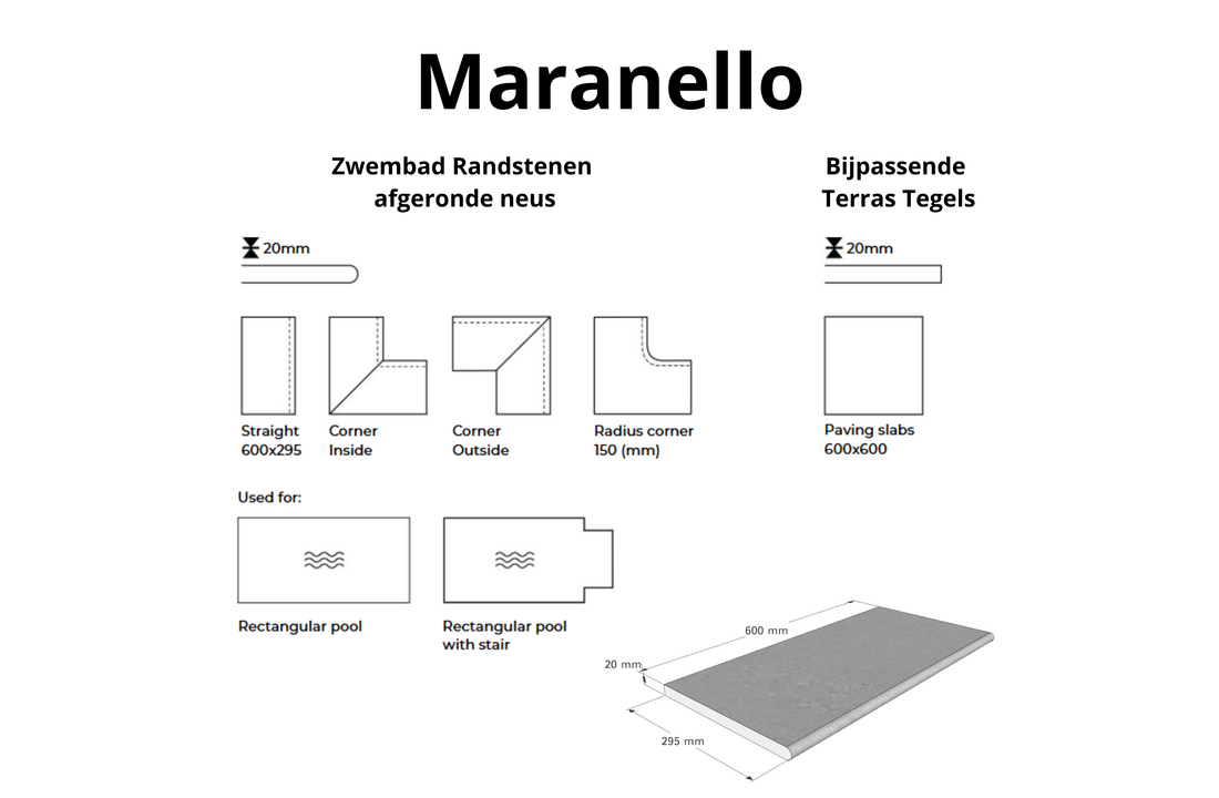 Maranello - Keramische zwembad randtegel - Afgeronde neus | Diverse soorten