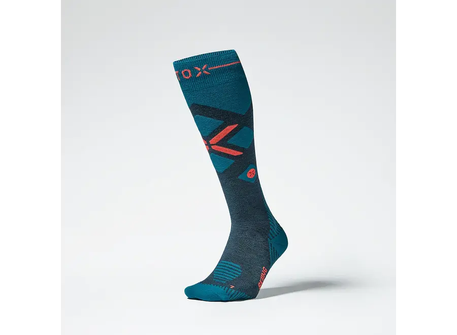 Merino Skiing Socks Men - Teal / Red Fluor