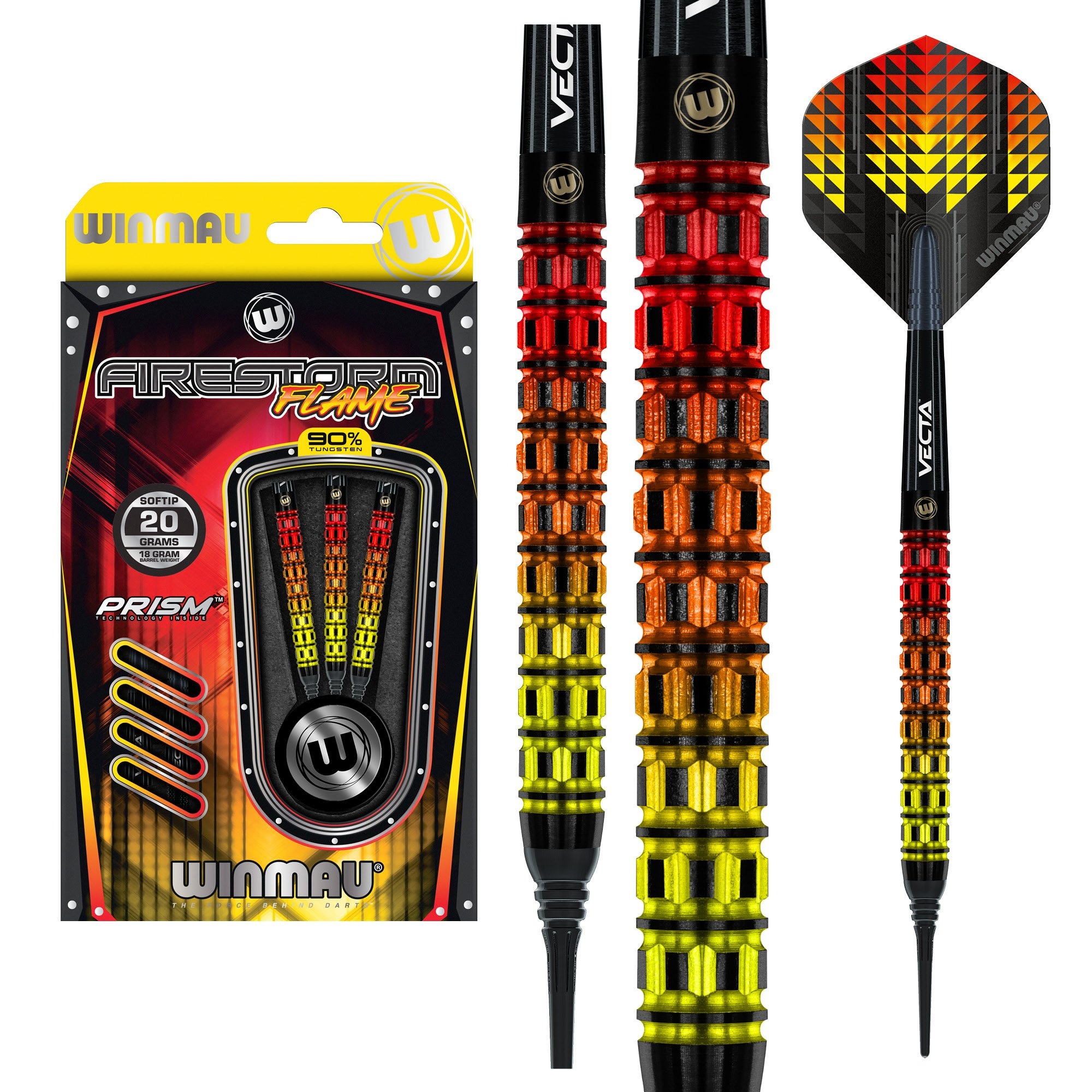 Set Freccette WINMAU Firestorm Flame Straight - 90% Tungsteno, 18g (20g Totale), Con Alette Prism Alpha E Steli