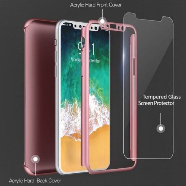 Merkloos Rose Goud Ultra Dun 360 Graden Protection Hoesje + Glazen Screenprotector iPhone X / Xs