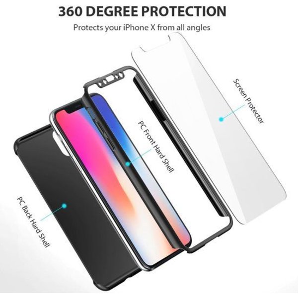 Merkloos Zwart Ultra Dun 360 Graden Protection Hoesje + Glazen Screenprotector iPhone X / Xs