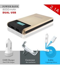  Konfulon Goud Power Bank 2X USB 8000 mAh + Car Charger + Autohouder + Micro & Lighting Combi Kabel