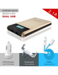  Konfulon Goud Power Bank 2X USB 8000 mAh + Car Charger + Autohouder + Micro & Lighting Combi Kabel