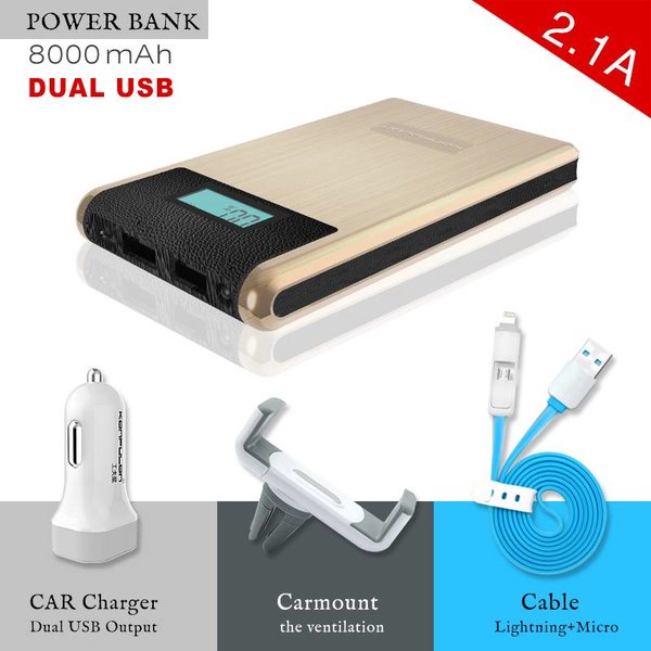 Konfulon Goud Power Bank 2X USB 8000 mAh + Car Charger + Autohouder + Micro & Lighting Combi Kabel