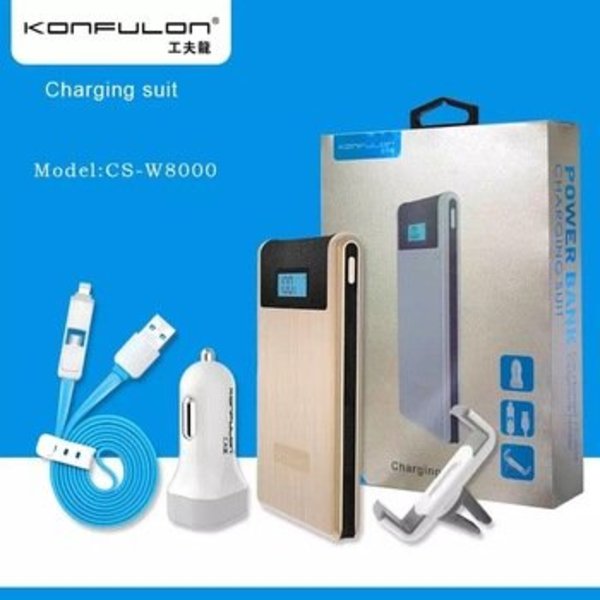 Konfulon Zilver Power Bank 2X USB 8000 mAh + Car Charger + Autohouder + Micro & Lightning Combi Kabel