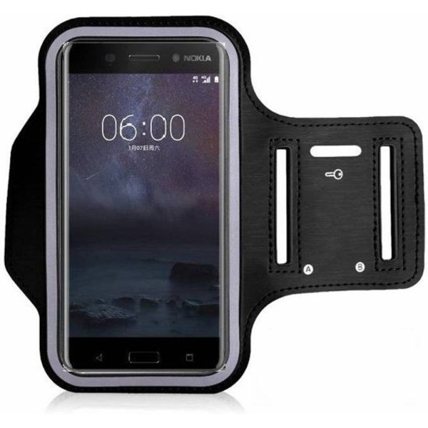 Merkloos Universele Zwart Sportarmband met Sleuterhouder Nokia 8 Sirocco / 7 Plus / 6 / 6 (2018)