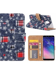 Merkloos Samsung Galaxy J6 (2018) Sterretjes & Denim Design Booktype Kunstleer Hoesje Met Pasjesruimte