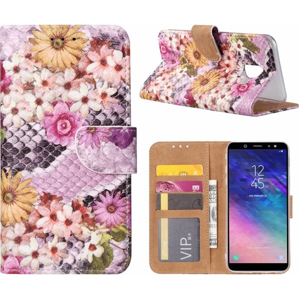 Merkloos Samsung Galaxy A6+ Plus (2018) Margrietjes Design Booktype Kunstleer Hoesje Met Pasjesruimte