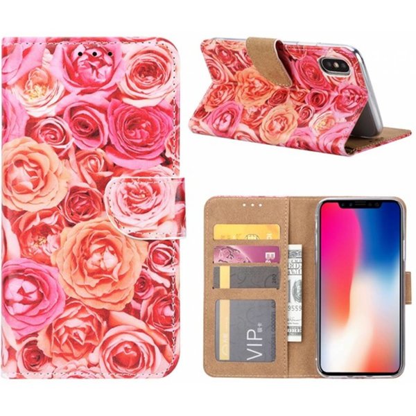 Merkloos iPhone X / Xs Roos Design Booktype Kunstleer Hoesje Met Pasjesruimte