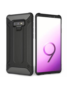 Merkloos Samsung Galaxy Note 9 Zwart Anti Shock Dual Layer Hybrid Armor Carbon hoesje