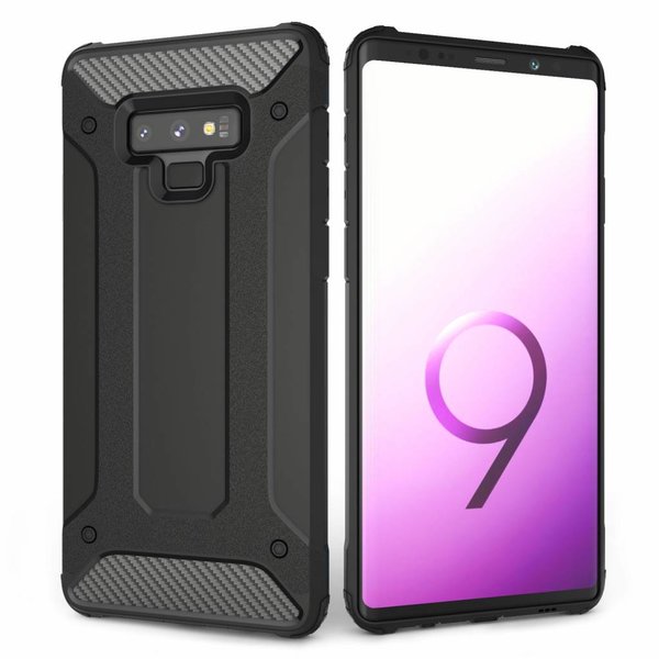 Merkloos Samsung Galaxy Note 9 Zwart Anti Shock Dual Layer Hybrid Armor Carbon hoesje