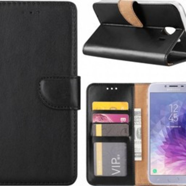 Merkloos Samsung Galaxy J4+ (Plus) 2018 case Zwart Portemonnee hoesje met opbergvakjes