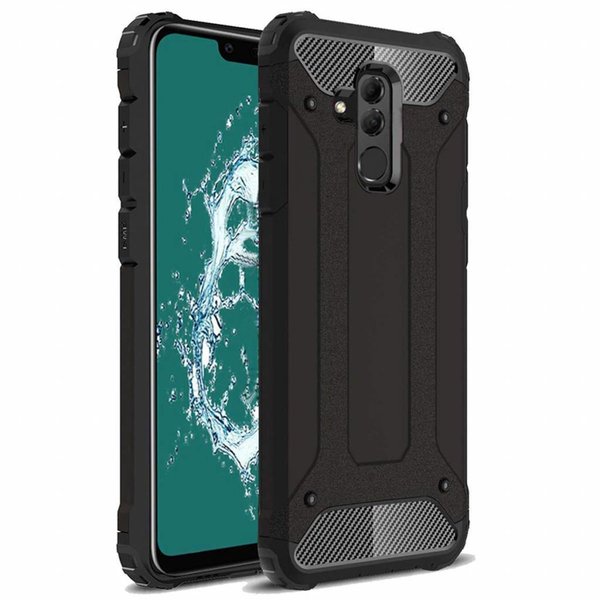 Merkloos Huawei Mate 20 Lite Zwart Anti Shock Dual Layer Hybrid Armor Carbon hoesje