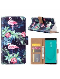 Merkloos Samsung Galaxy J6+ (Plus) 2018 Flamingo Boek hoesje met Pasjesruimte