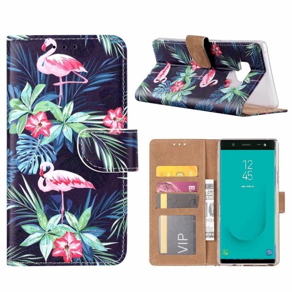 Merkloos Samsung Galaxy J6+ (Plus) 2018 Flamingo Boek hoesje met Pasjesruimte
