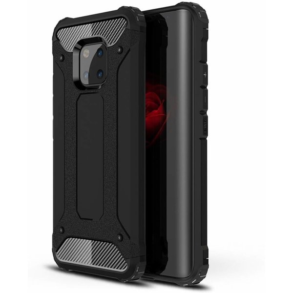 Merkloos Huawei Mate 20 Pro Zwart Anti Shock Dual Layer Hybrid Armor Carbon hoesje