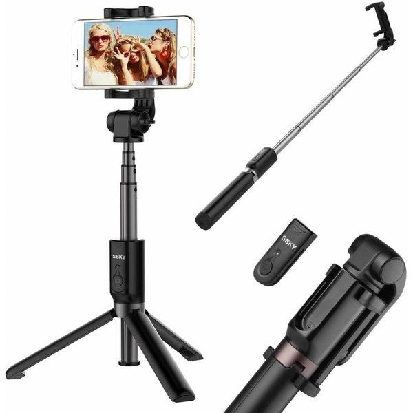 Ntech 3 in 1 Draadloos Selfie Stick Tripod met 360° rotation Phone Clip Mount en Bluetooth Remote shutter voor Geschikt voor iPhone X / Geschikt voor iPhone 8 / 8 Plus / 7 / 7 Plus / 6 / 6 Plus / Samsung Note 8 / S8 / S8 Plus / OnePlus (Black)